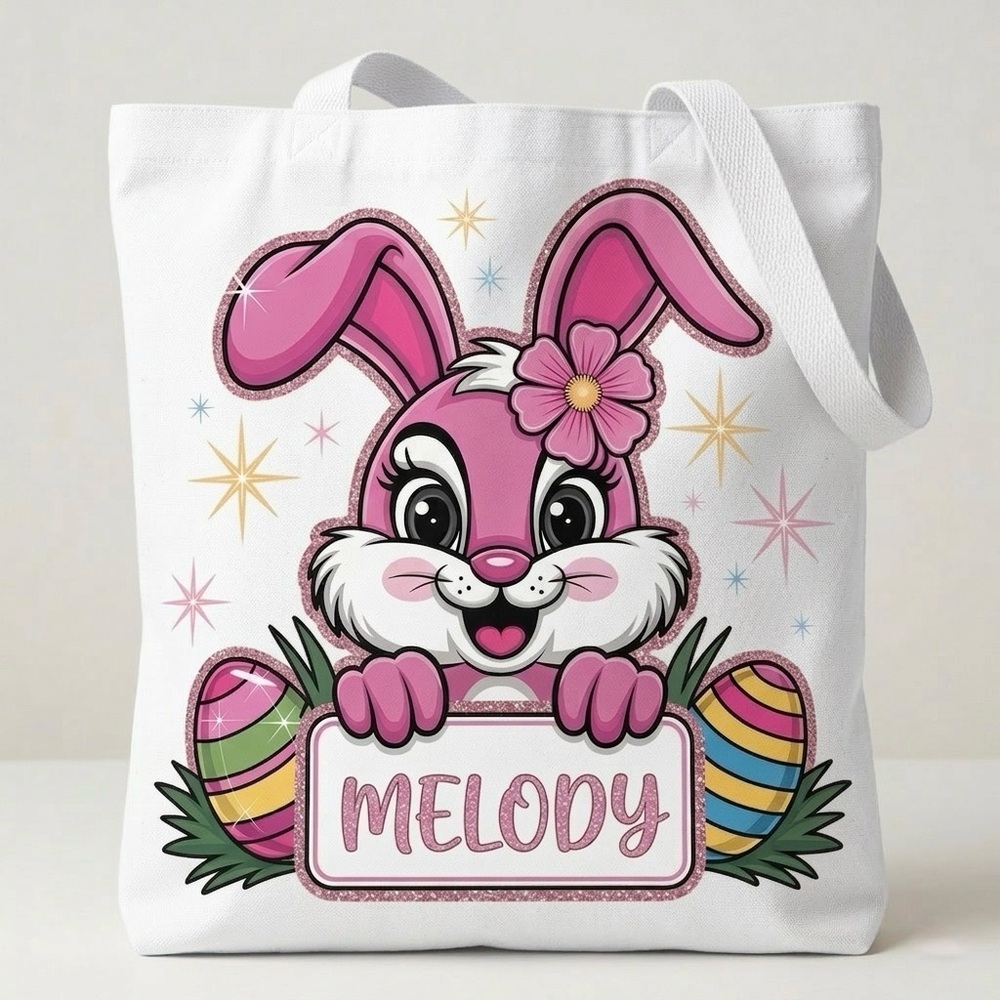 White Tote Bag with Pink Bunny Design